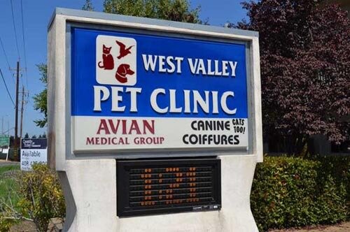 The outside sign for West Valley Pet Clinic